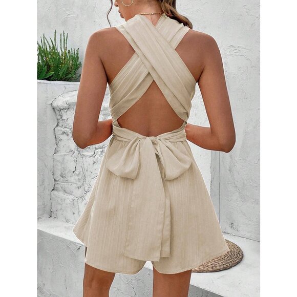 Women Apricot Casual And Simple Pleated  Backless Tied Summer Halter Jumpsuit - Picture 6 of 6